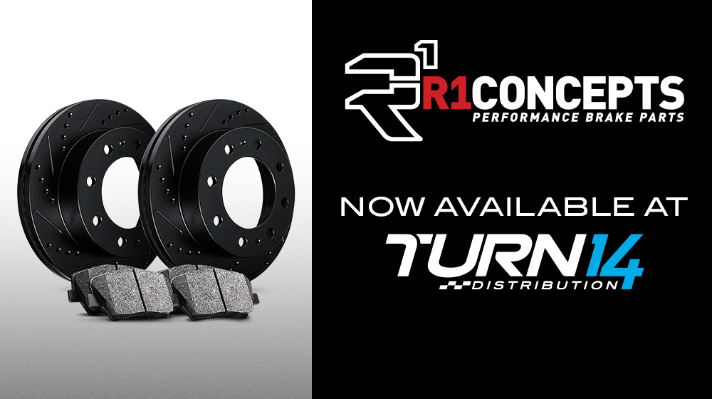 R1 Concepts and Turn 14 Distribution logos along with picture of brake rotors and pads