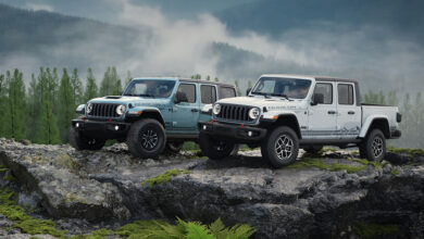 The 2026 Jeep Wrangler Rockslide and Gladiator Rockslide parked on rock