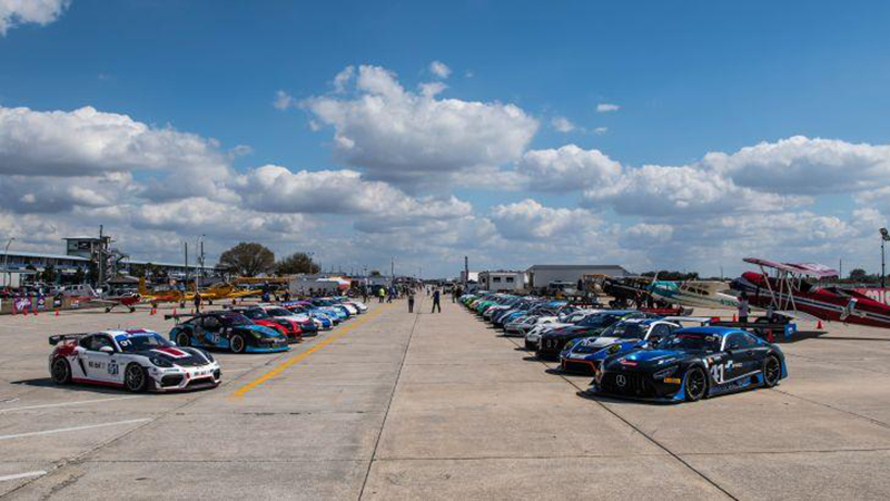 Two rows of race cars at HSR Sebring Pistons and Props 2026