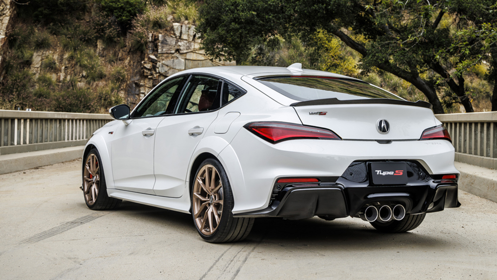 White 2026 Acura Integra Type S parked on bridge from rear