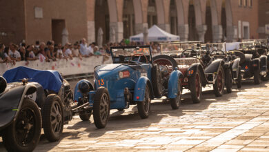Classic race cars lined up for the 1000 Miglia 2025