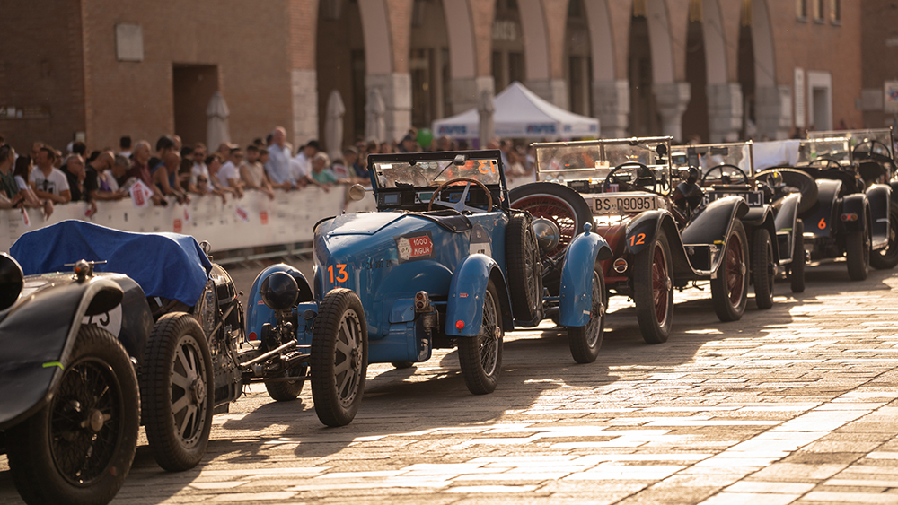 Classic race cars lined up for the 1000 Miglia 2025