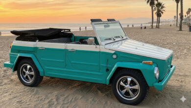 1974 Volkswagen Thing converted into electric vehicle parked on beach