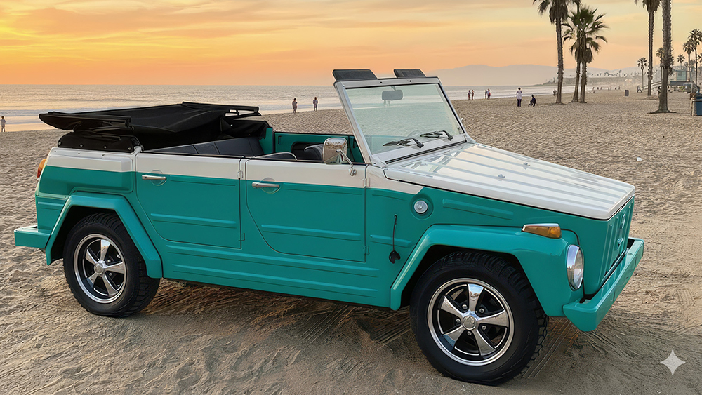 1974 Volkswagen Thing converted into electric vehicle parked on beach