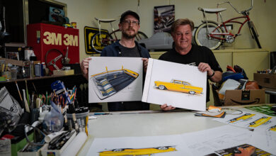 Ben Johnson and Chip Foose holding illustrations of 1955 Chevrolet Delray