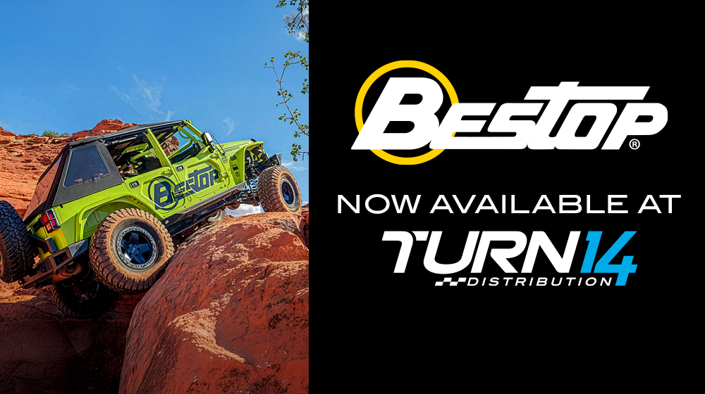 Bestop and Turn 14 Distribution logos with photo of Jeep driving on rocks