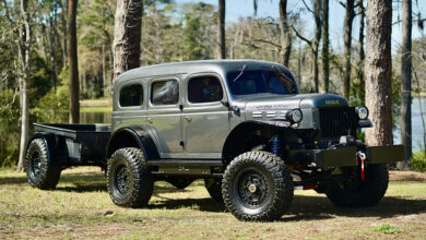 Desert Power Wagons Dodge WC-53 parked by trees and lake
