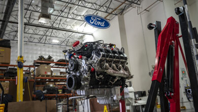 Ford Racing Parts engine in garage