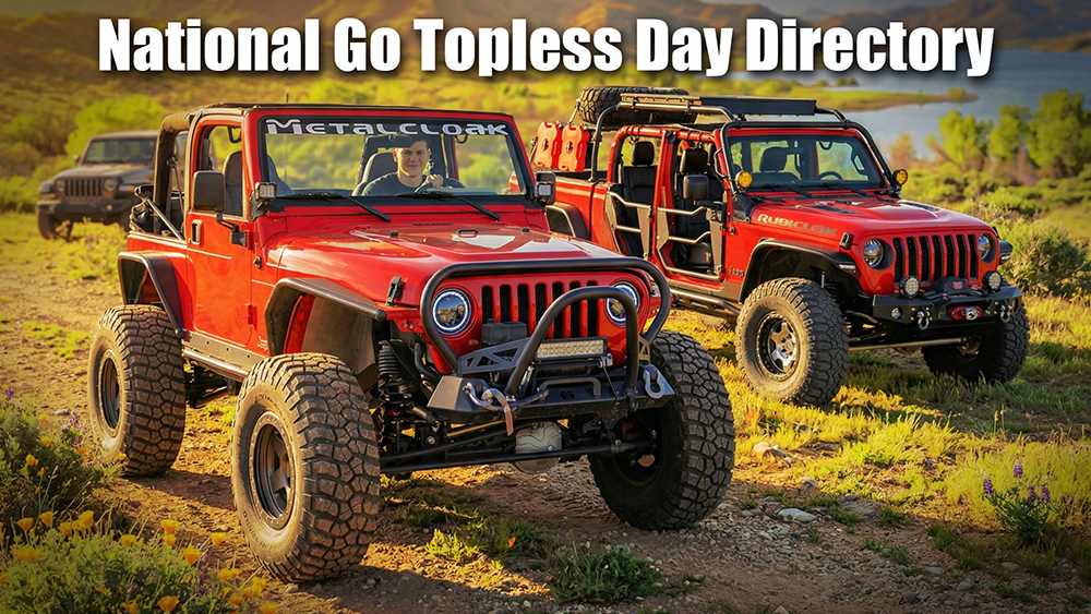 Two red, topless Jeeps.
