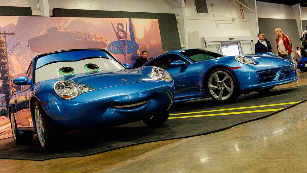 Pixar’s Sally and the modern Sally Special staged in a Radiator Springs set