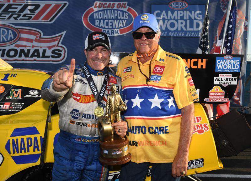 Ron Capps celebrating his victory at the 2023 NHRA U.S. Nationals in Indianapolis with Don Prudhomme