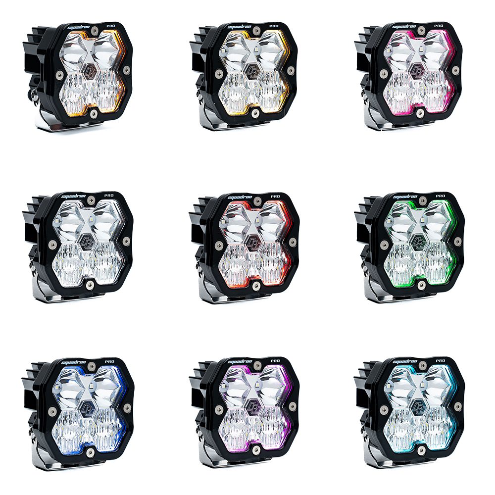 Nine Squadron 2.0 LED lights, each demonstrationg one of the 9 selectable backlights.