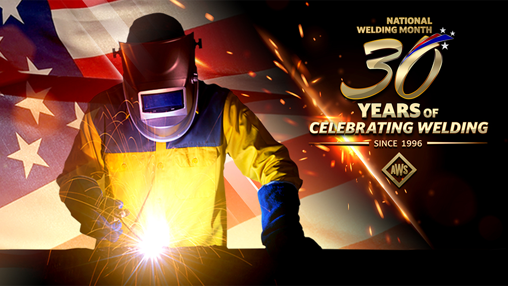 Welder with sparks and National Welding Month logo