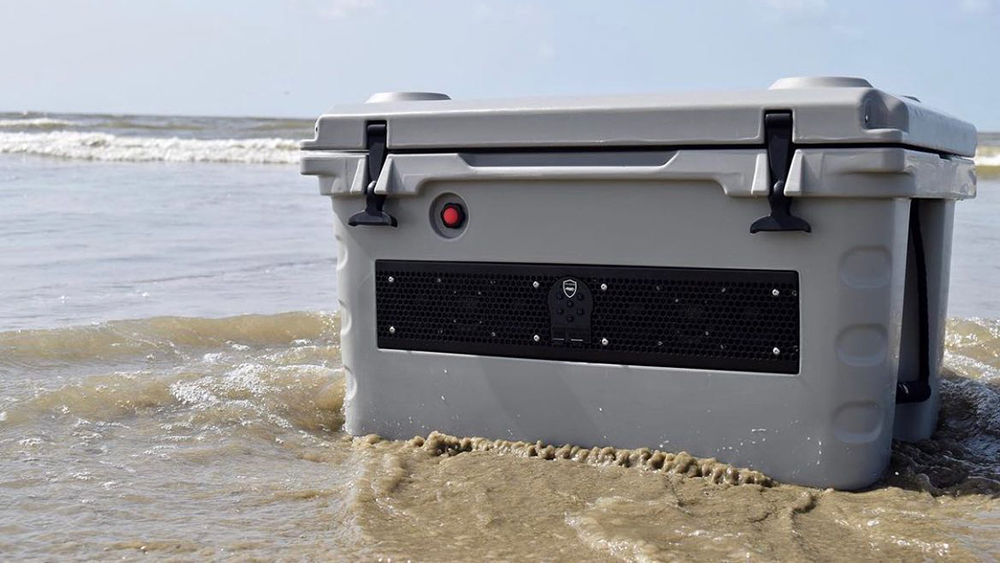 Wet Sounds’ SHIVR coolers with built-in speakers sitting in water