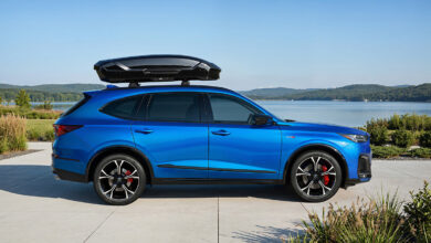 Acura with Thule roof cargo box parked on beach