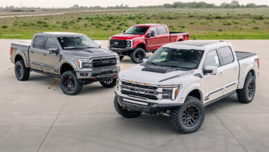 A 2026 Torque 470 F-150, 2026 Torque 670 Raptor, and 2026 Torque 1200 F-250 parked on pavement