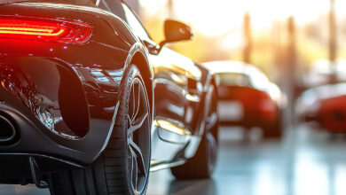 Rear view of modern sports car standing in new showroom