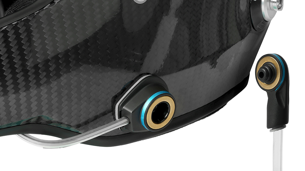 Closeup of tubing and connector on helmet for Intelligent Hydration system