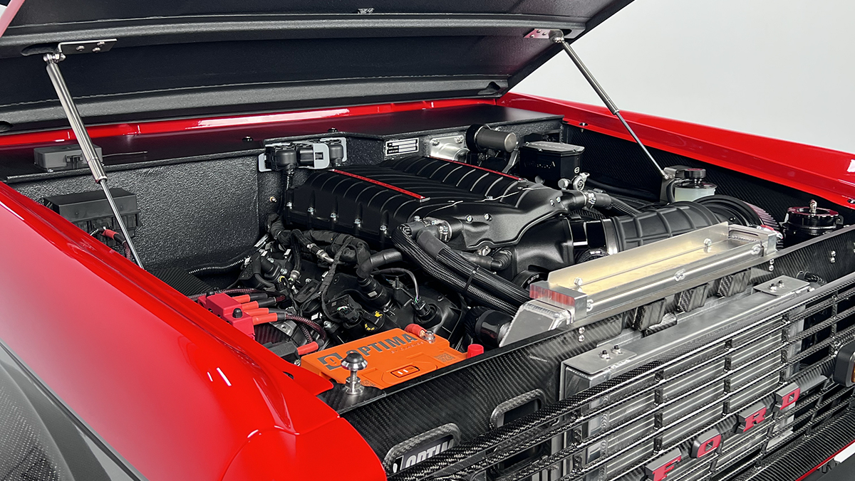 Ford Performance 5.0L Coyote V-8 engine in OMF Carbon Fiber Classic Bronco