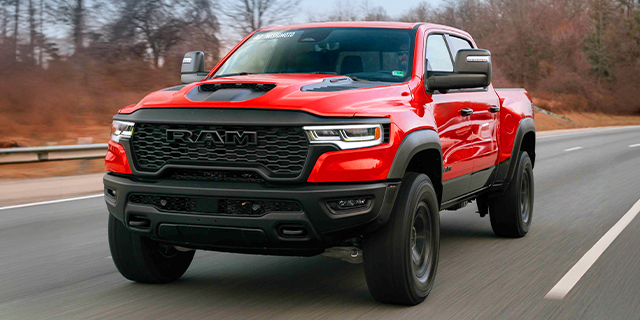 Red Ram 1500 on road