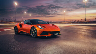 Lotus Emira 420 Sport Front Three Quarter View on Track