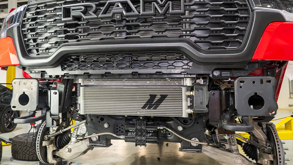 Mishimoto’s direct-fit transmission cooler for RAM 1500 3.0L Hurricane 2025+