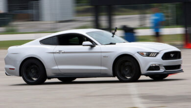 White Ford Mustang racing on track