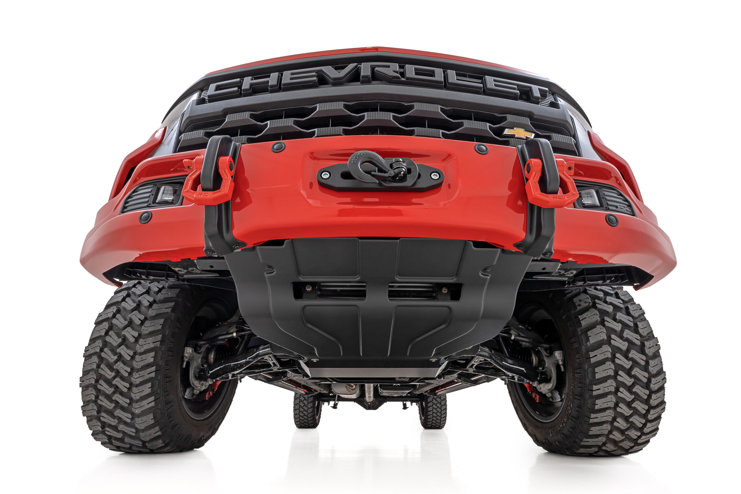 off-road bumpers rough country red silverado extreme low front view