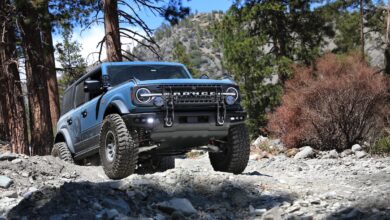 off-road bumpers afe blue bronco on trail