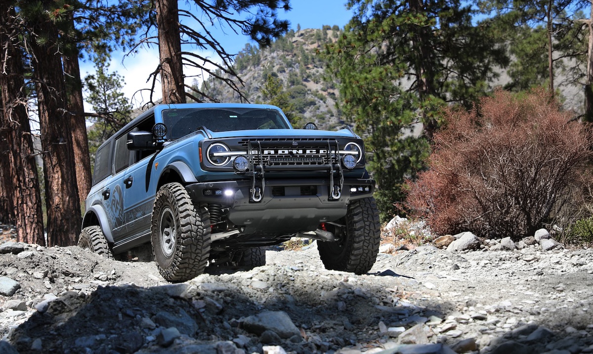 off-road bumpers afe blue bronco on trail