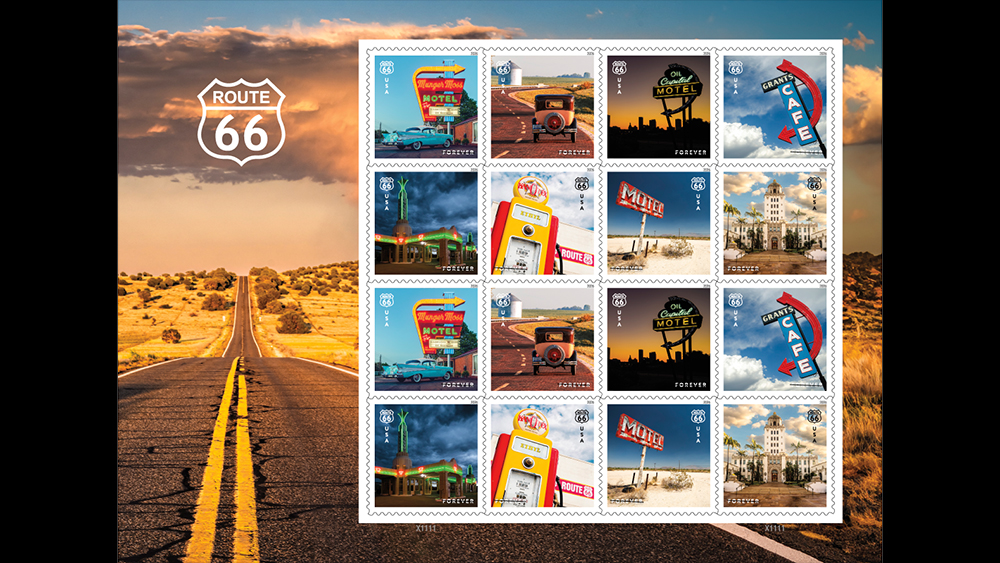 A sheet of the new Route 66 stamps
