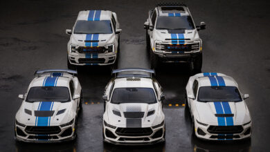 Five Shelby Performance vehicles captured from above