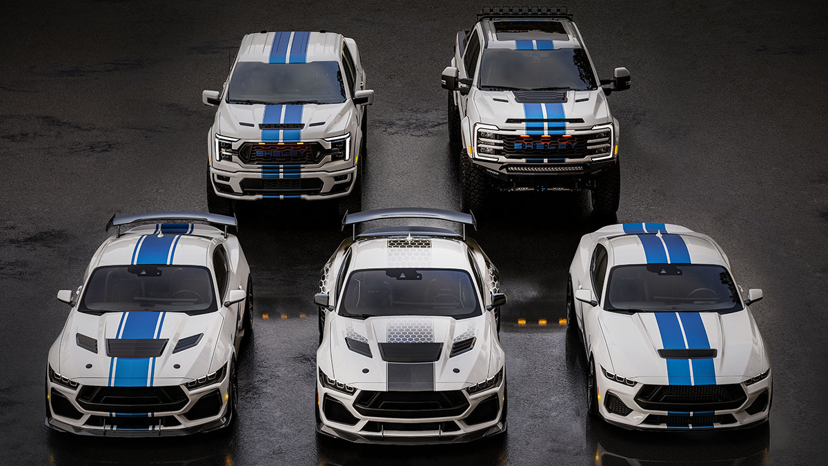 Five Shelby Performance vehicles captured from above