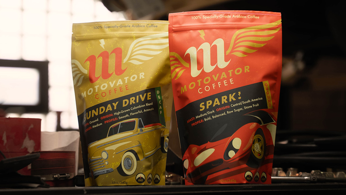 Two bags of Motovator Coffe on workbench in garage