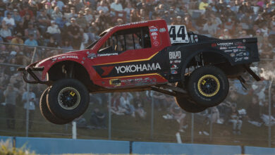 Yokohama driver Johnny Holtger in midair after jump