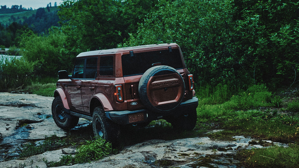 2027 Bronco Filson First Edition driving through creek