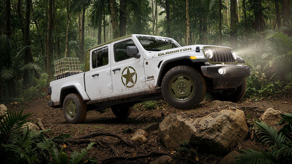 2027 Jeep Gladiator Sarge special edition parked on rocks in forest