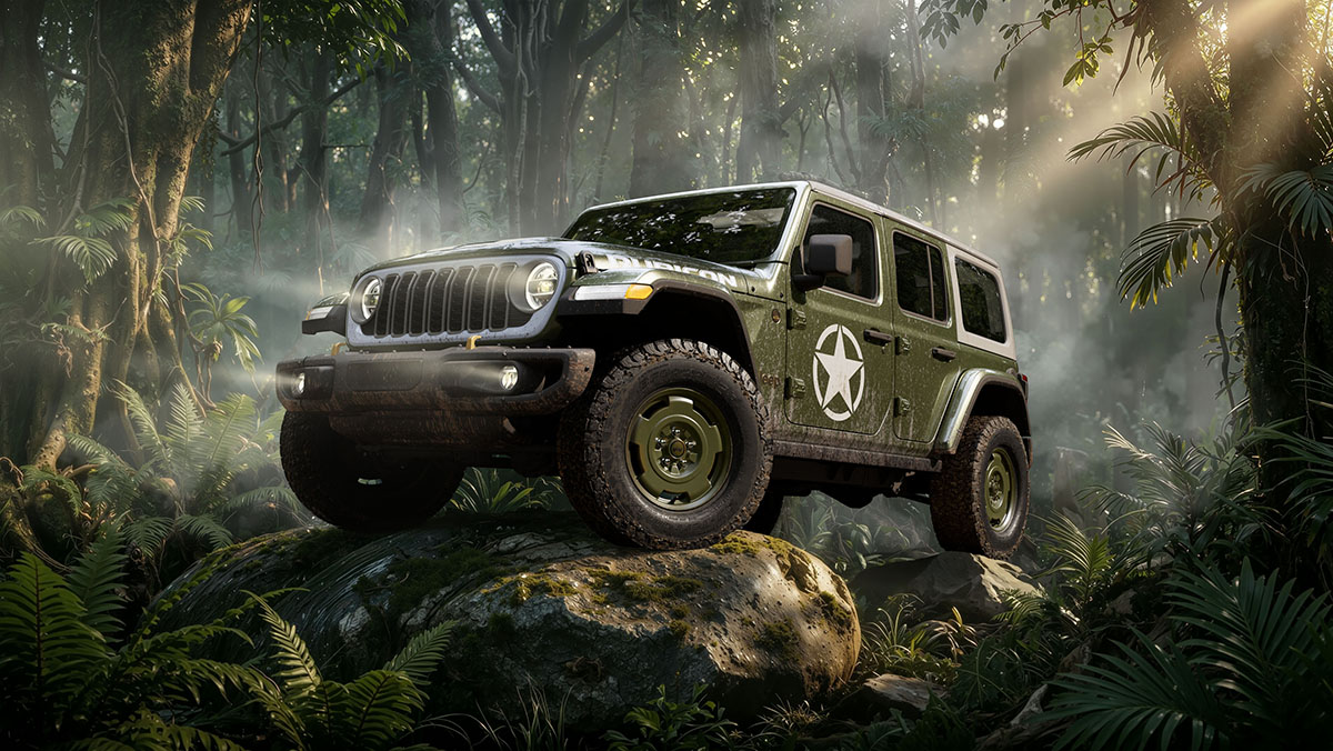 2027 Jeep Wrangler Sarge parked on rocks in the forest