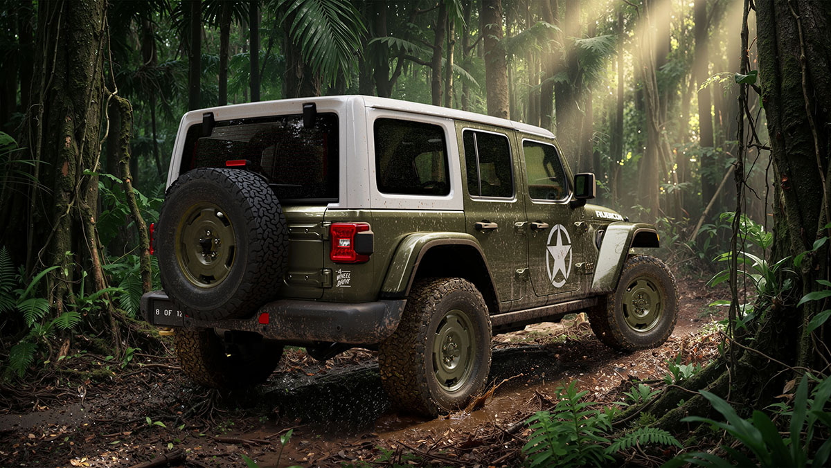 2027 Jeep Wrangler Sarge three-quarter rear view in forest