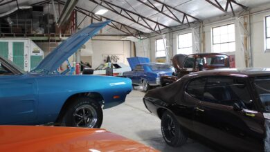 acme chop shops classic cars arranged in work bay