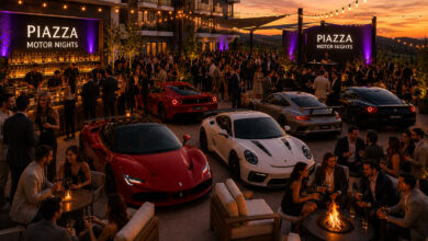 Cars and people at Piazza Motor Nights Monterey Car Week