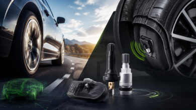 Hamaton tire pressure monitoring system on ground between two cars