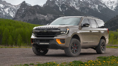 Hennessey Ford Expedition Tremor VelociRaptor SUV front three-quarter view with mountains in background