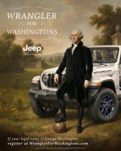 jeep ai-generated image of george washington in front of a wrangler