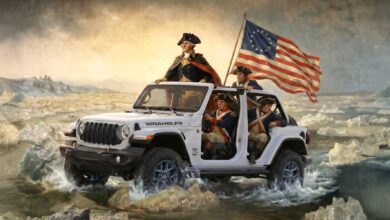 jeep ai image of george washington and patriots crossing river in a wrangler with no top