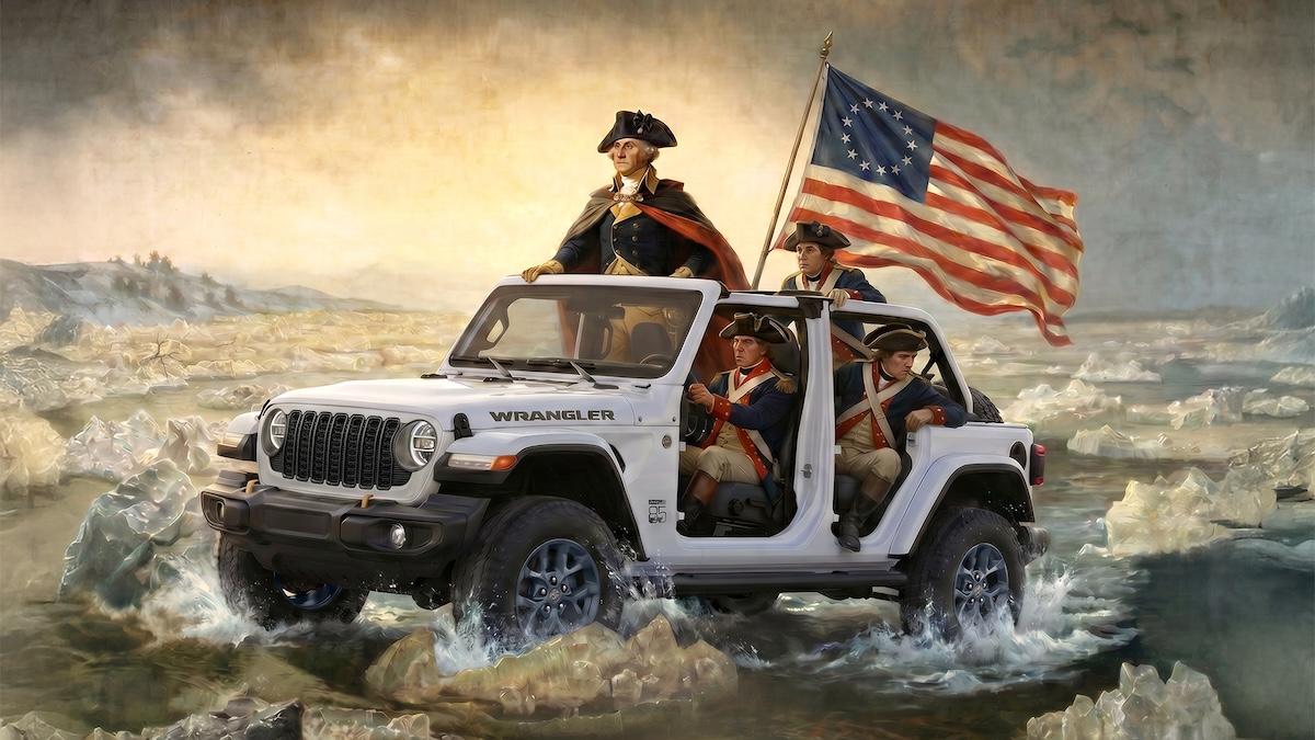 jeep ai image of george washington and patriots crossing river in a wrangler with no top