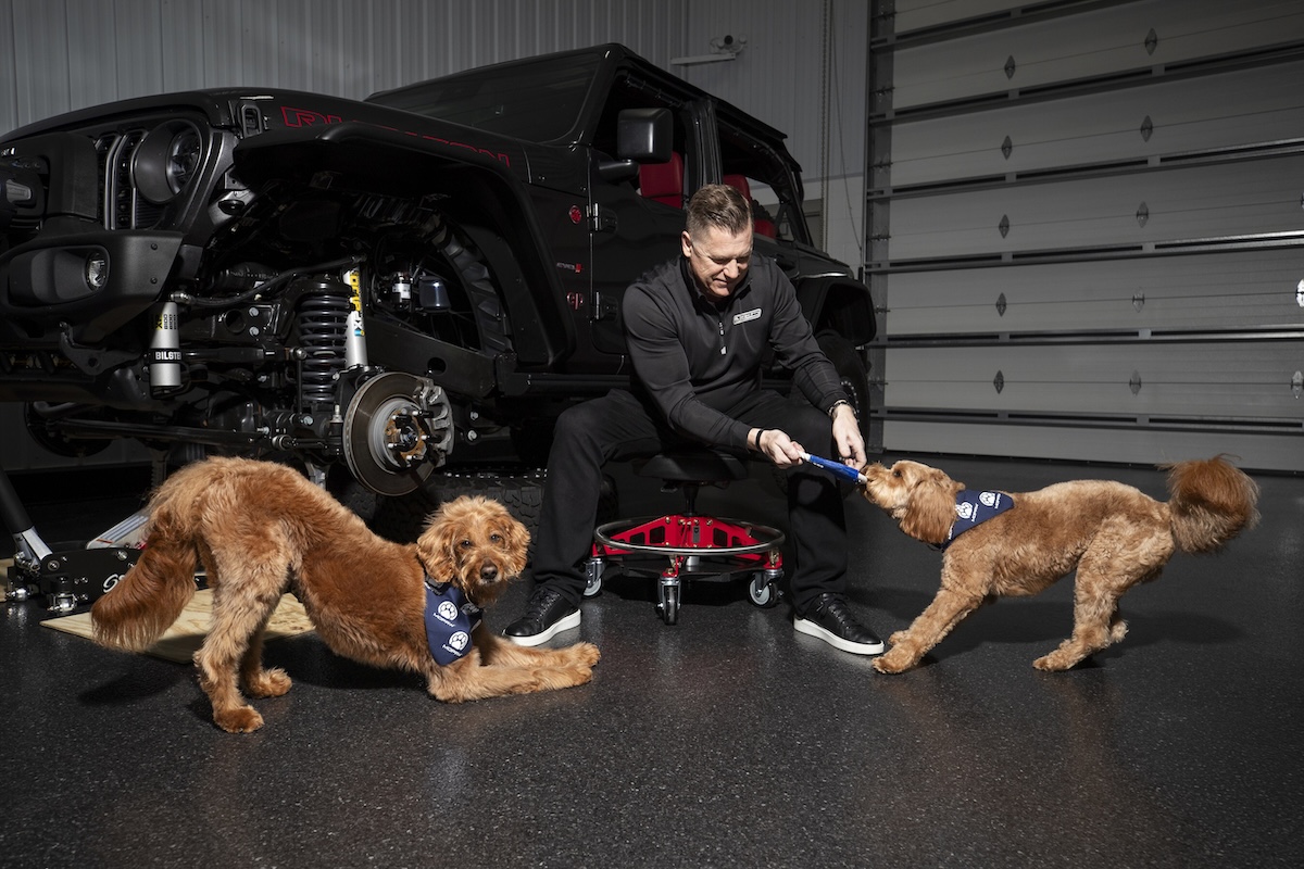 man plays with dogs with mopaw pet accessories on garage floor in front of jeep with front wheel off