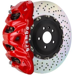 performance brakes brembo red caliper on drilled rotor
