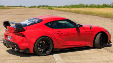 Red Toyota Supra on Open Track with Aggressive Styling. July 2, 2023 Liadoveni Moldova.