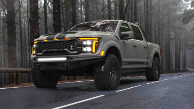 Shelby Ford F-150 Raptor R on road in forest